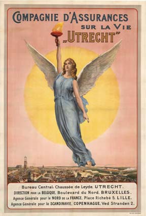angle holding a torch with a flame floating over an old city. Original poster, linen backed. She is here to protect you. Printer Van Leer, Amsterdam