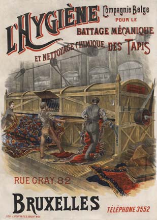 original Belgium poster, with men feeding Persian rugs into some type of rug washing machine. Linen backed, original poster,