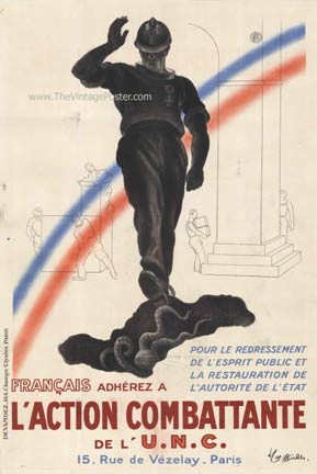 Original Cappiello L'Action Combattante linen backed stone lithograph. <br>L'action Combattante de l' U. N. C.; 15, rue de Vezelay - Paris. <br>If you’re a true Cappiello lover, then you already have the big black Cappiello book which features this post