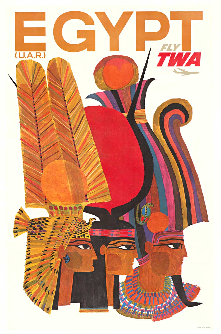 Egypt - Fly TWA; artist David Klein, size 25.25 x 39.75"; archival linen backed and ready to frame. Fine condition. <br> <br>Original, linen-mounted poster for TWA. Fly to Egypt. (U.A.R.) Great condition. Linen backed. Shows Egyptian pharaohs with t