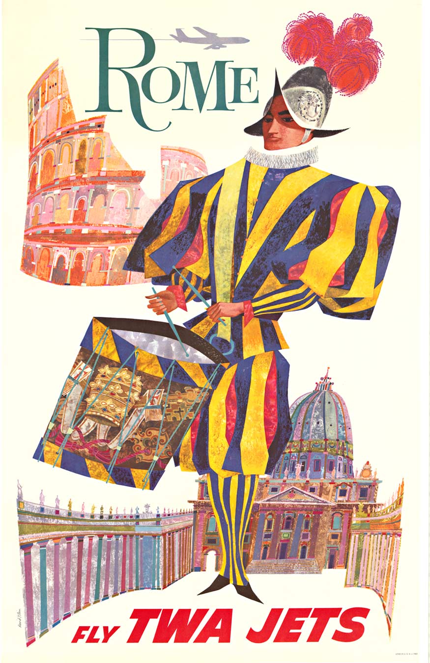 Fly TWA to Rome. "Up up and Away." From the prolific poster artist David Klein. This poster has been archival mounted on linen. It is in excellent condition