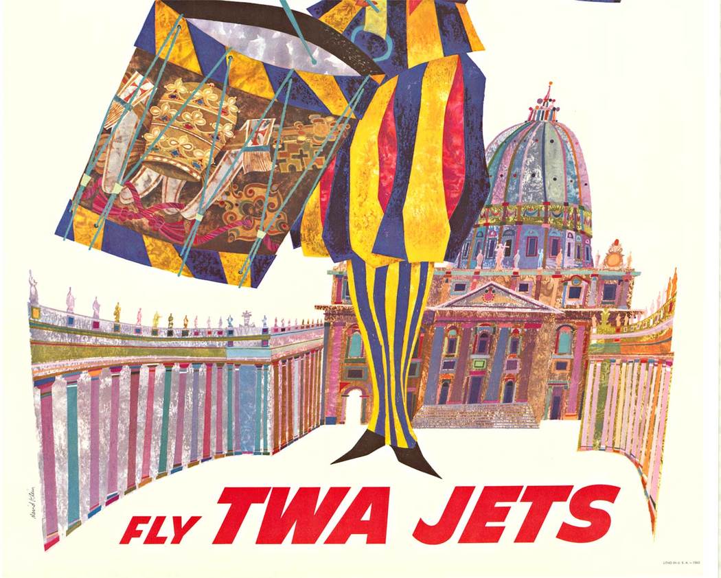 Fly TWA to Rome. "Up up and Away." From the prolific poster artist David Klein. This poster has been archival mounted on linen. It is in excellent condition