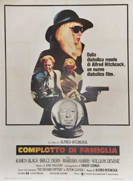 Original Italian movie poster with the image of Karen Black in the center, Inside the crystal balll is the face of Alfred Hitchcok.