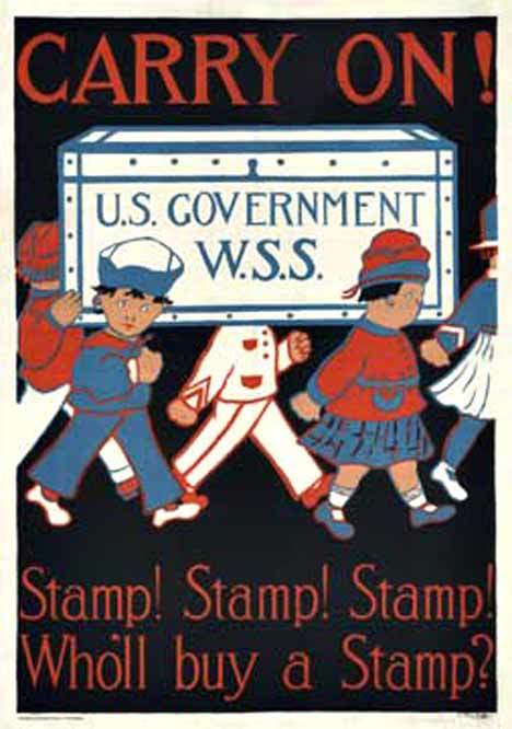Original World War One poster showing young children toting a chest, presumably filled w/ war savings and stamps. The poster has been archivally mounted on linen and restored. The colors are very bright. <br>Who'll buy a Stamp? <br>Stamp! Stamp! Stamp! <b