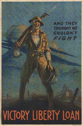 Smaller WW1 version of this poster, linen backed, victory liberty loan, soldier, rifle, helmet, war zone