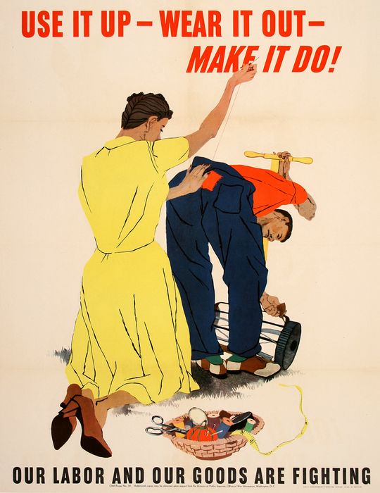 woman sewing up a man's pants, push lawn mower, linen backed, wwII original poster