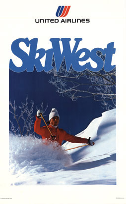 man in deep snow skiinig, trees, snow, linen backed, original poster