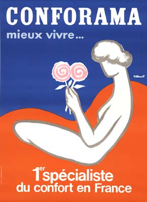Abstract woman sitting holding two flowers. Modern art, linen backed, fine condition, French original poster.