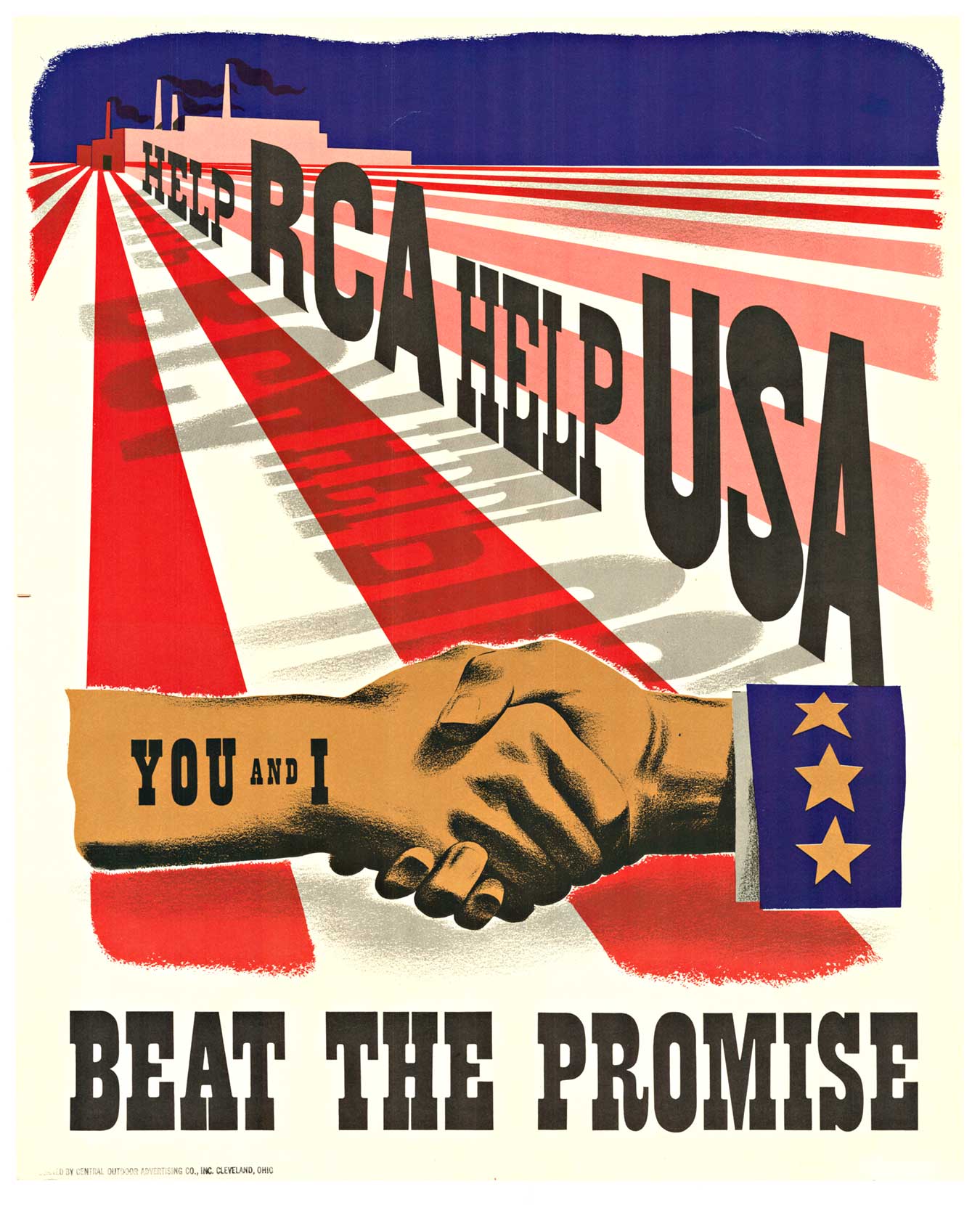 hand shaking hand, red, white, blue, RCA, war defense poster, original, linen backed