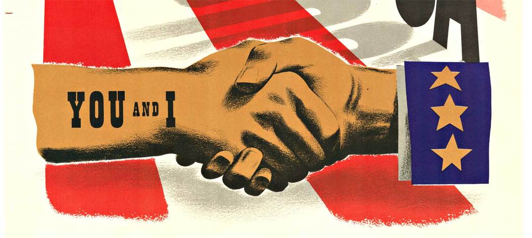 hand shaking hand, red, white, blue, RCA, war defense poster, original, linen backed