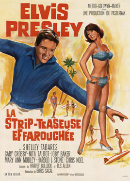 Elvis Presley standing on a unseen surf board, girls in swimming suits in background, palm trees, surfboard, linen backed, original French poster, great condition