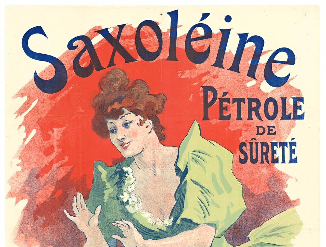 Original Saxoleine Petrole de Surete, artist Jules Cheret. <br>Linen backed turn-of-the-century original stone lithograph poster advertising Saxoleine, a lamp oil. The glow from this lamp shows its owner basking in her own radiance. The poster has been 