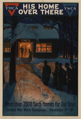 WMCA poster, club house with lights on, soldiers, linen backed, original WW1 poster