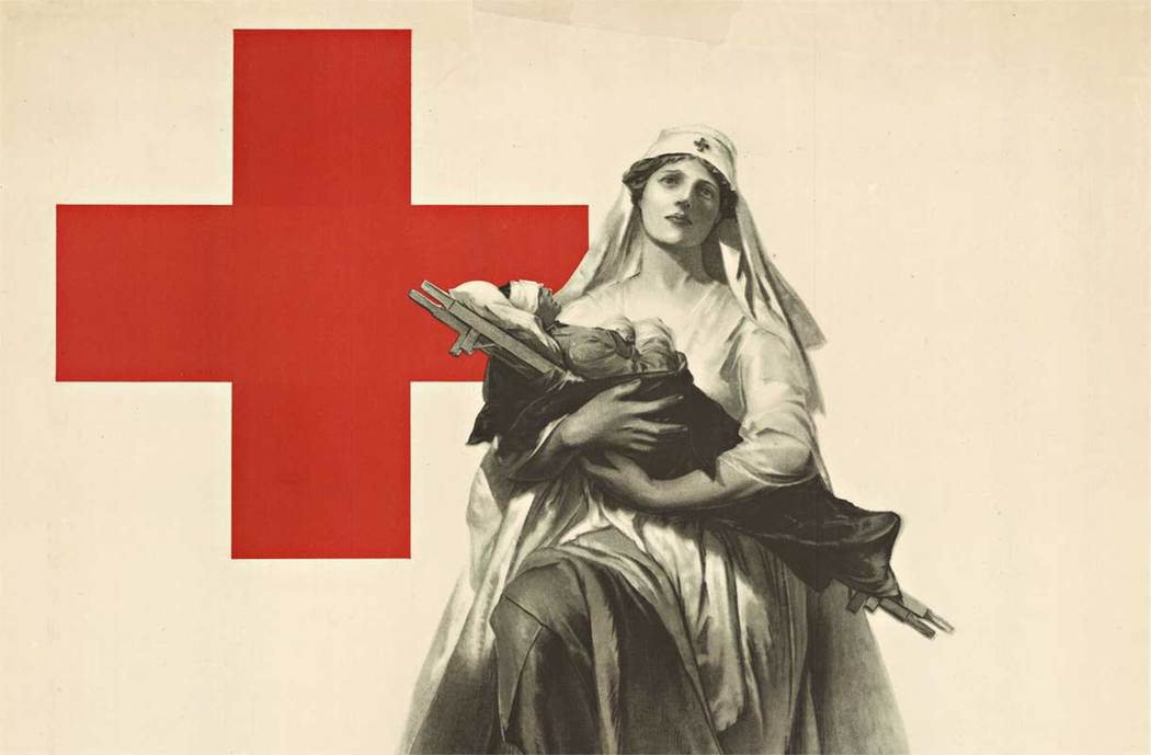 WOMAN WITH A SOLDIERS IN HER HANDS, RED CROSS, MILITARY POSTER,