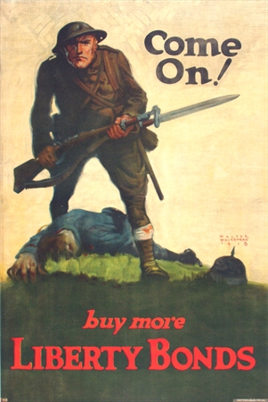original poster, liberty bonds, soldier, gun, bayonette, military poster, world war 1, authentic poster, certified poster, IVPDA gallery, poster shop, poster gallery, linen backed, old poster, propaganda poster