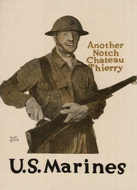 US marine holding a gun with notches for Germans killed, original US military poster, World War 1, linen backed