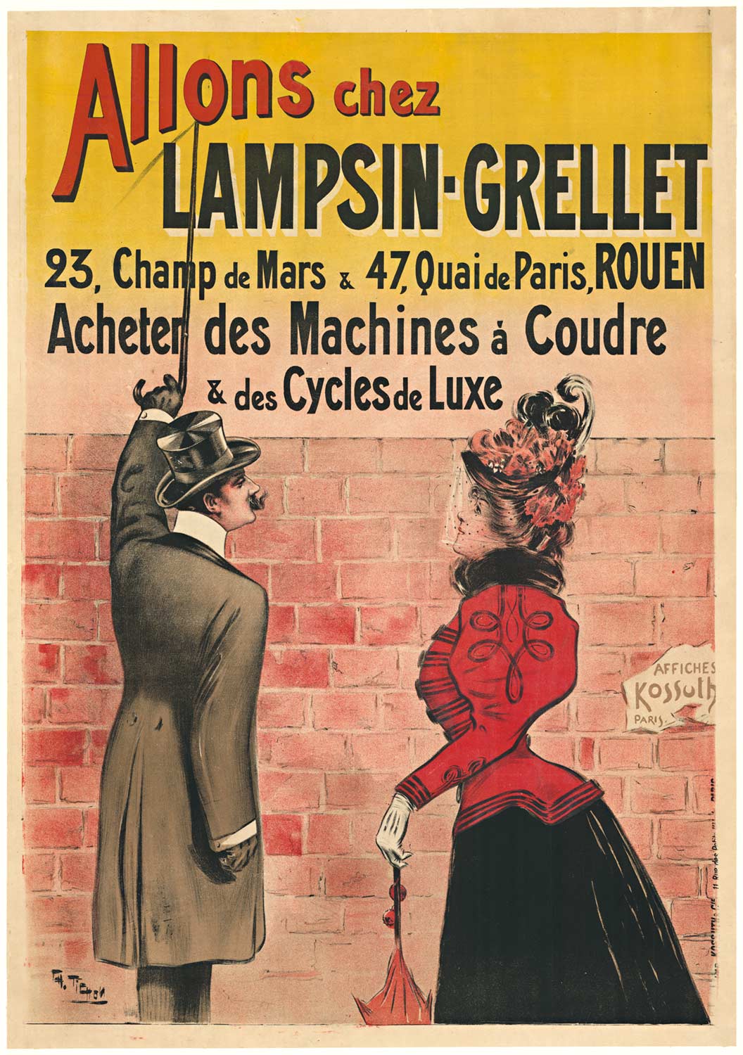 Turn of the century stone lithograph of a man and woman standing in front of a French sign for bicycles and sewing machines, luxury items at this time frame. Linen backed, rare original poster, fine condition.