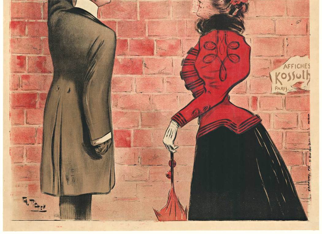 Turn of the century stone lithograph of a man and woman standing in front of a French sign for bicycles and sewing machines, luxury items at this time frame. Linen backed, rare original poster, fine condition.