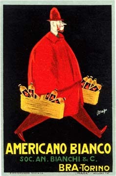 man with baskets of liquor, dressed all in red, Italian liquor label, original, 1930's