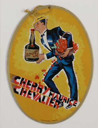 Original "Cherry Maurice Chevalier" oval small format vintage poster | cartone. <br>Printed by Devambez, Paris, France, circa 1927. Lithograph in color. Oval small format cartone. <br>Created by the famous French artist Roger de Valerio. Great pri