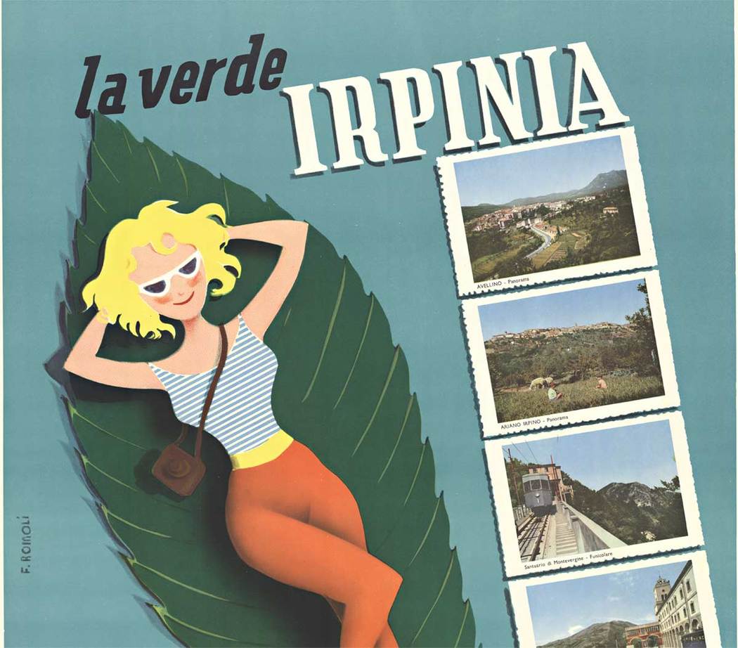 Original, acid free archival linen backed La Verde Irpinia vintage Italian travel poster. This blonde lady is floating on a leaf on water, surrounded by images that you will see if your visit this area of Italy. Archival Linen backed. <br>Imprimeu