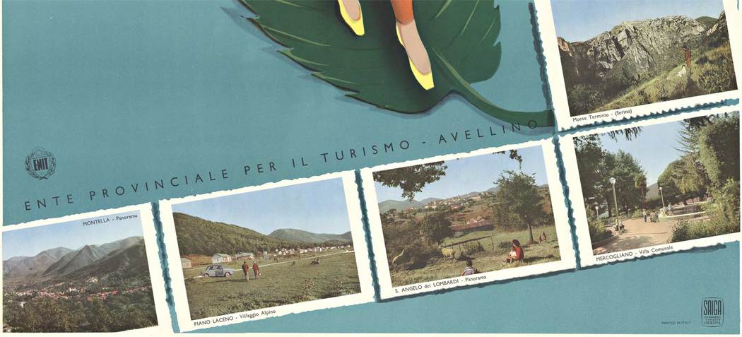 Original, acid free archival linen backed La Verde Irpinia vintage Italian travel poster. This blonde lady is floating on a leaf on water, surrounded by images that you will see if your visit this area of Italy. Archival Linen backed. <br>Imprimeu