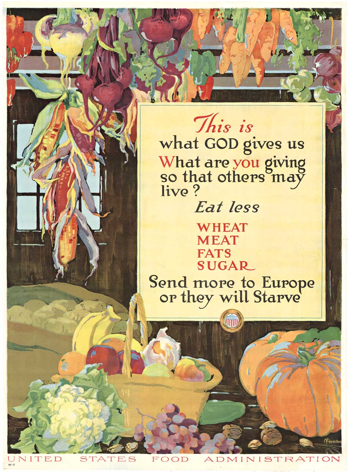 food baskets, harvest, original WW1 poster, linen backed,