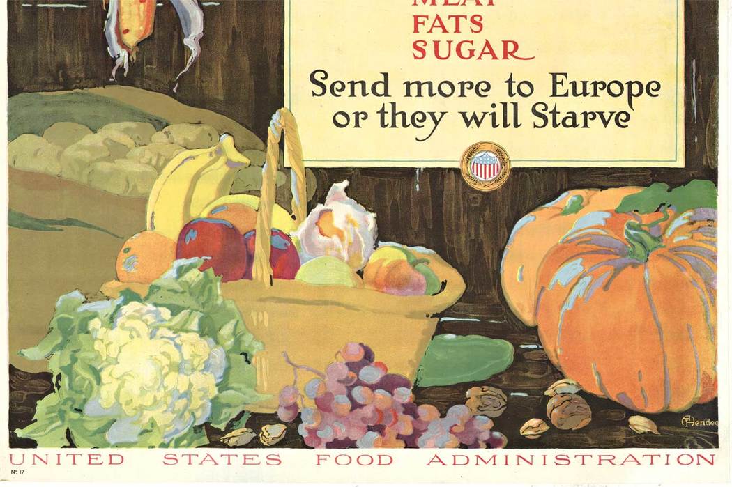 food baskets, harvest, original WW1 poster, linen backed,