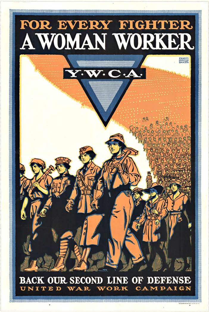 For Every Fighter A Woman Worker Y.W.C.A. Archival acid-free Linen lined. Great condition. <br> <br>Back our second line of Defense. United War Work Campaign. <br>Women carrying tools to get the job done; marching to work in the factories and foundr