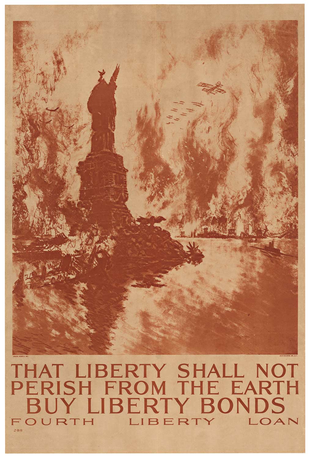 Linen backed original American World War One poster: That Liberty Shall Not Perish From the Earth -- Buy Liberty Bonds. America on fire; the Statue of Liberty in ruins; New York City destroyed. The powerful visual images created for these world war 1