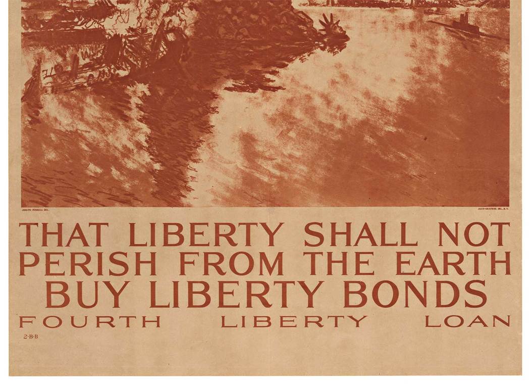 Linen backed original American World War One poster: That Liberty Shall Not Perish From the Earth -- Buy Liberty Bonds. America on fire; the Statue of Liberty in ruins; New York City destroyed. The powerful visual images created for these world war 1