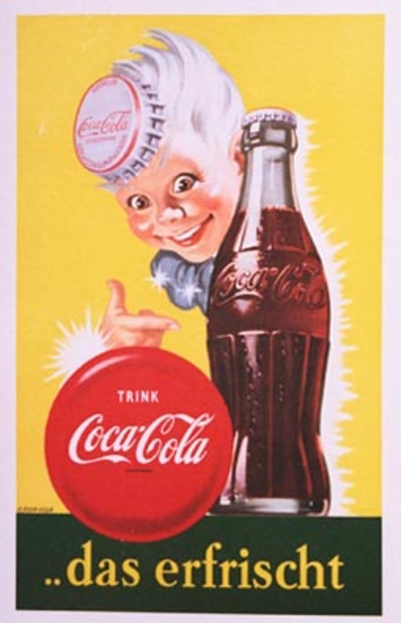 Little boy selling coca-cola in a bottle. Printed in 1950, linen backed, original poster