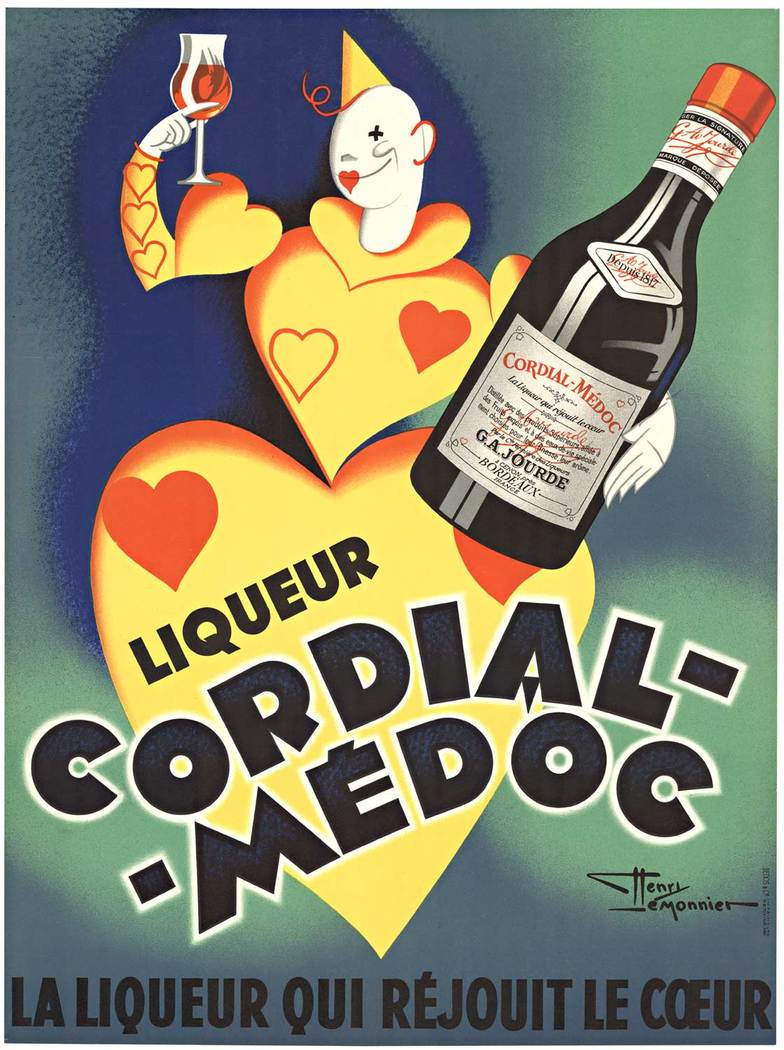 Original vintage poster: Cordial Medoc (Small), artist: Henri Le Monnier. Size: 22.25" x 30.25". Archival linen backed in excellent condition; ready to frame. Great Price, Mint condition antique original French liquor poster vintage poster lithog