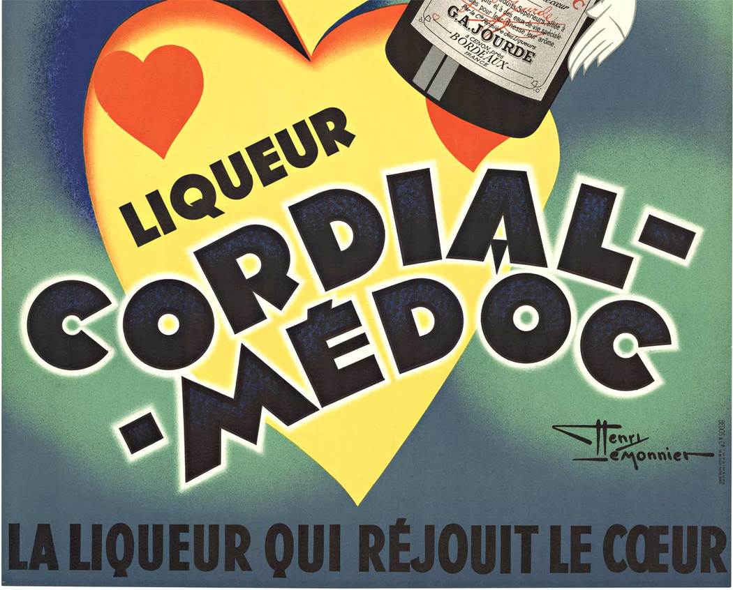 Original vintage poster: Cordial Medoc (Small), artist: Henri Le Monnier. Size: 22.25" x 30.25". Archival linen backed in excellent condition; ready to frame. Great Price, Mint condition antique original French liquor poster vintage poster lithog