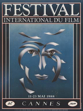 pop art face in center of image, stars and sky background, image framed by black, French poster, Cannes, Film Festival, original poster, linen backed,