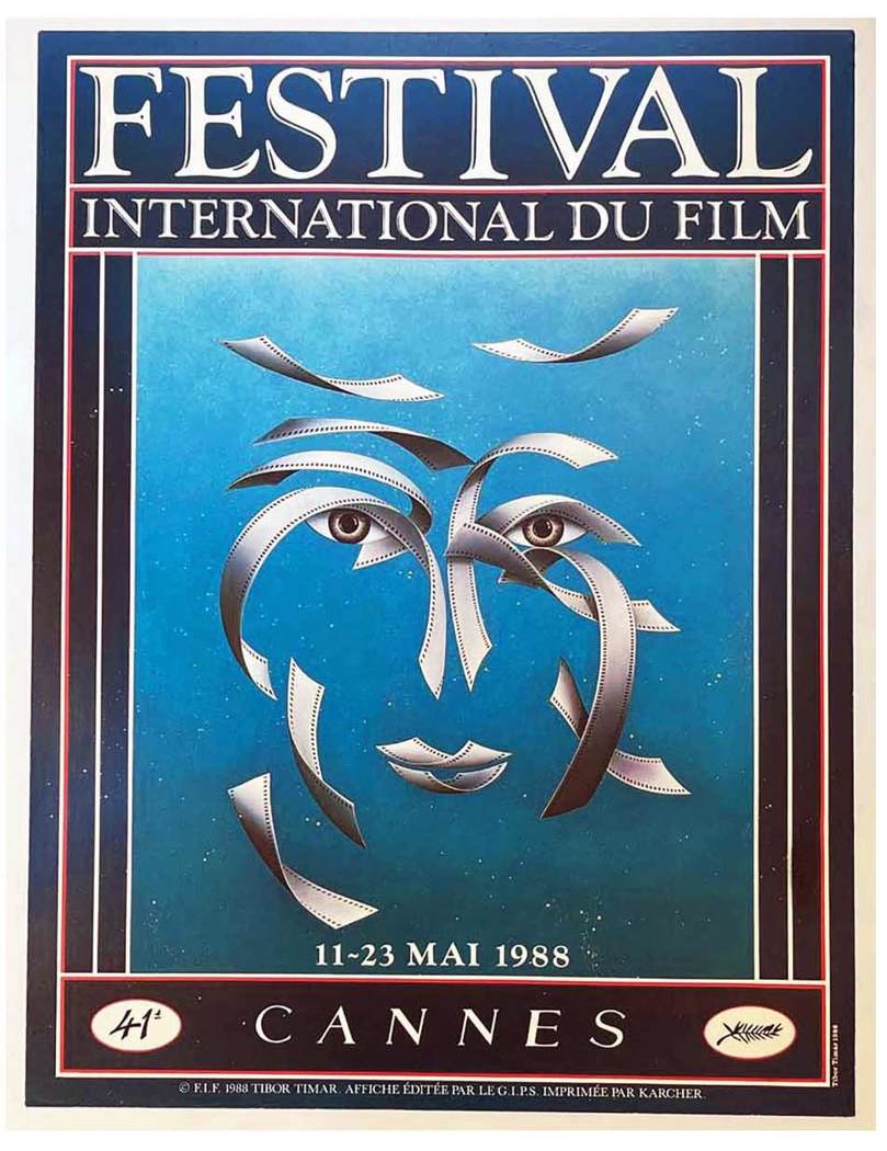 pop art face in center of image, stars and sky background, image framed by black, French poster, Cannes, Film Festival, original poster, linen backed,