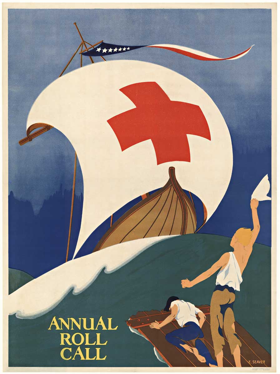 ship at sea with a red cross sail. 2 people on a broken raft, original poster.