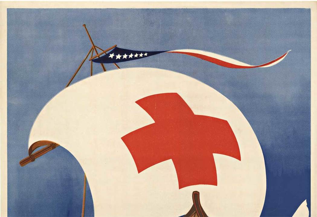 ship at sea with a red cross sail. 2 people on a broken raft, original poster.