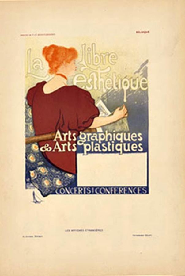 Art graphics supply store advertisement. Pretty lady in a red shall reading.