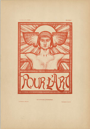 Por L'Art lithograph from Les Affiches Etrangeres. Religious undertones of a man wearing wings on his head with the sun glaring behind Also, like Ichyrus