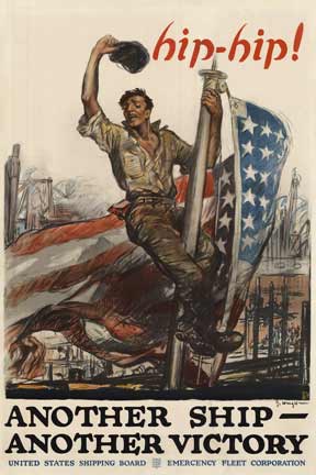 Sailor on a pole waint his hat. US glas in the background, shipyear. Original WW1 poster, fine condition.