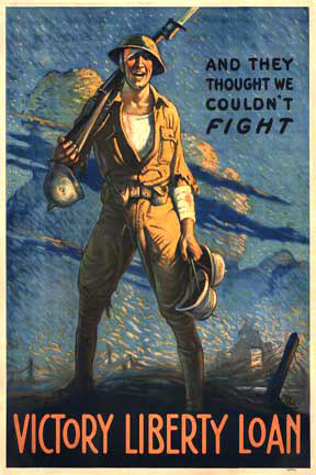 Rare largest size of this image. <br>This poster shows a wounded Doughboy with his rifle balanced over his shoulder. He is grinning because he carries several German helmets as trophies.