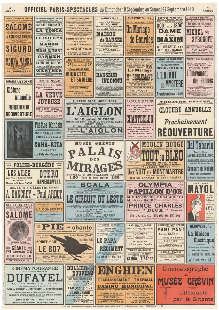 Linen backed original of the official event spectacles of Paris, promoting Moulin Rouge, Salome, Musee Grevin, Sarah-Rita, Madame Butterfly, Carmen, La Vie de Boheme. Orignial in excellent condition.