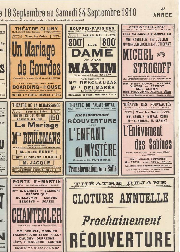 Linen backed original of the official event spectacles of Paris, promoting Moulin Rouge, Salome, Musee Grevin, Sarah-Rita, Madame Butterfly, Carmen, La Vie de Boheme. Orignial in excellent condition.