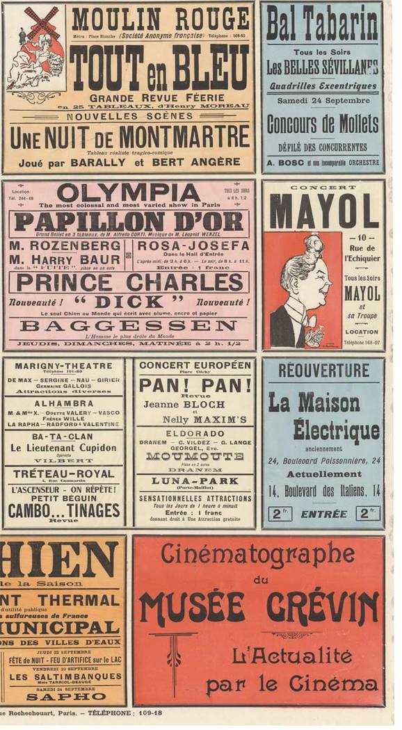 Linen backed original of the official event spectacles of Paris, promoting Moulin Rouge, Salome, Musee Grevin, Sarah-Rita, Madame Butterfly, Carmen, La Vie de Boheme. Orignial in excellent condition.