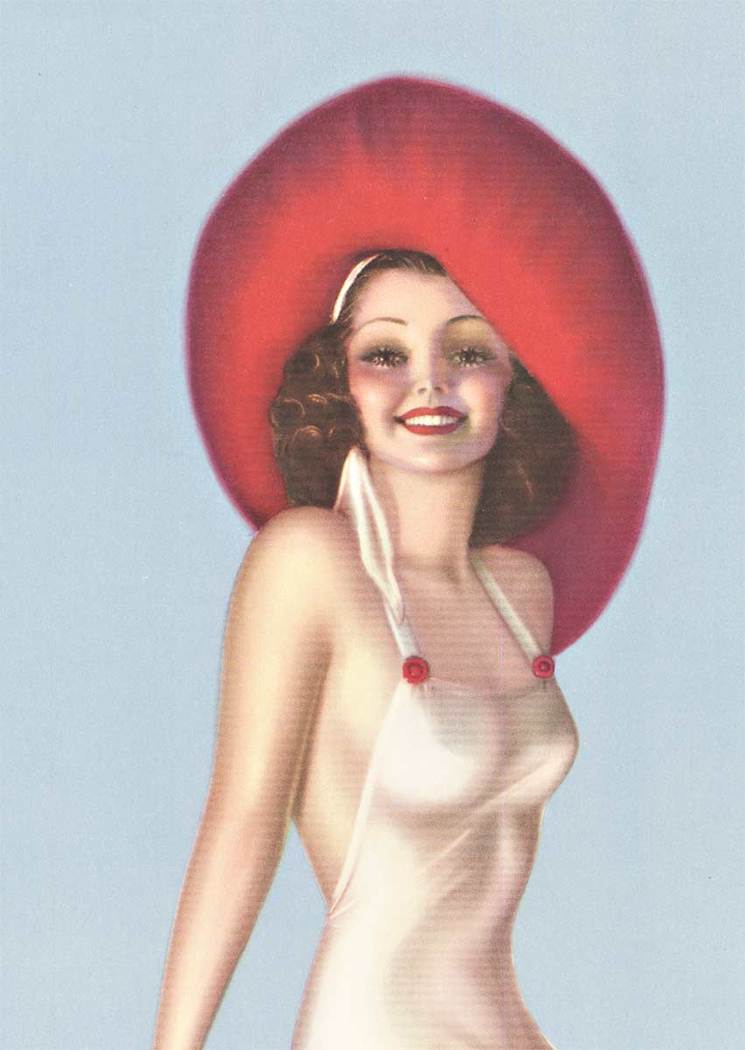 Original Pin Up Girl with Red Hat vintage pin-up poster. Artist: Billy Devorss. Size: 15.25" x 20". Archival linen backed in mint condition; ready to frame. <br> <br>This striking original poster displays a graceful model wearing a vibrant red s