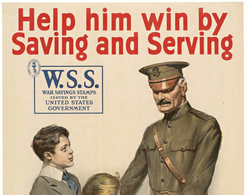Anonymous Artists - BUY WAR SAVINGS STAMPS | Help Him Win soldier, 2 children, World War 1 lithograph, original poster, buy War Saving Stamps original poster