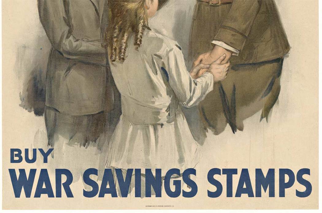 soldier, 2 children, World War 1 lithograph, original poster, buy War Saving Stamps original poster