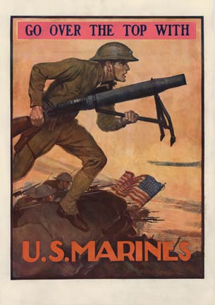 US Marines, original WW1 poster, linen backed, soldier with a bazooka