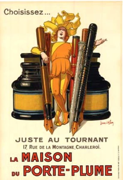 Original vintage French antique poster: La Maison Du Porte-Plume. Artist: Jean d'Ylen. Original size: 43" x 61.75" Archival linen backed vintage poster; ready to frame. Fine condition.